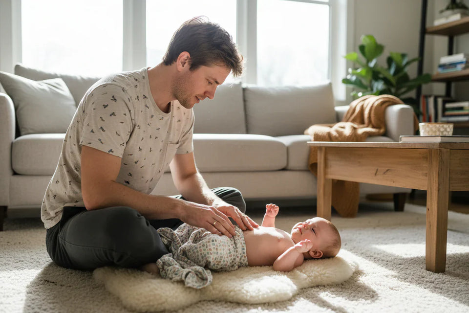 Vater spielt mit Baby im Wohnzimmer – liebevolle Bindung und gemeinsame Zeit im Familienalltag