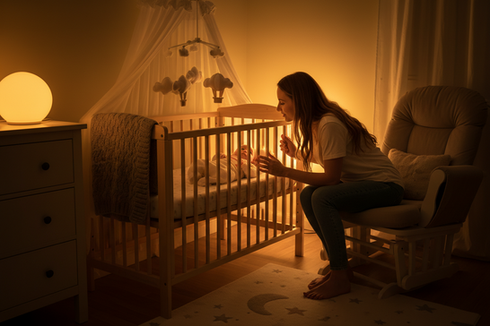 Mutter beruhigt ihr Baby nachts im Babybett bei warmem Nachtlicht im Kinderzimmer