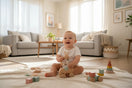 Fröhliches Baby spielt im Wohnzimmer mit Holzspielzeug und Motorikspielzeug – liebevolle Spielidee für Babys