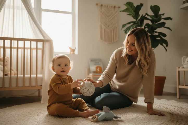 Mutter beschäftigt ihr Baby im Kinderzimmer – Spielideen und Beschäftigung für Babys