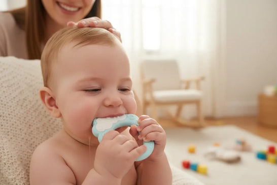 Zahnendes Baby kaut auf Beißring zur Linderung – typische Zahnungssymptome bei Babys