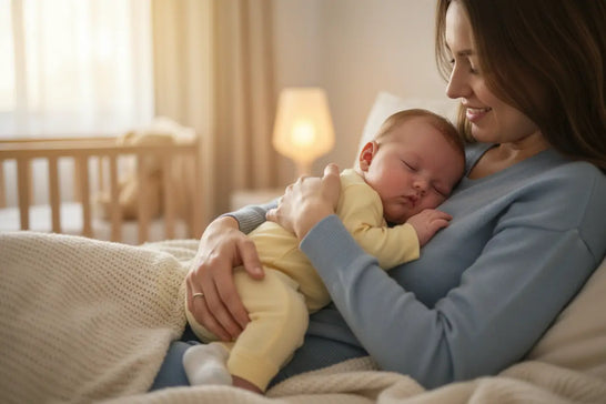 Baby erkältet schläft ruhig im Arm der Mutter – Nähe hilft bei Erkältung und Unwohlsein