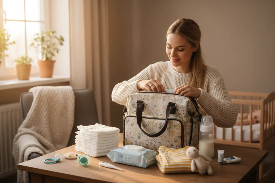 Wickeltasche mit Babyzubehör packen – Windeln, Feuchttücher, Schnuller und Fläschchen für unterwegs