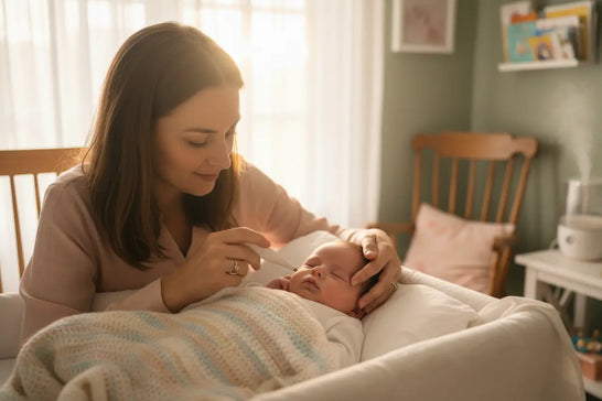 Baby Fieber messen mit Thermometer – Mutter kümmert sich liebevoll um ihr krankes Baby