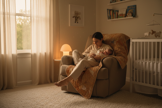 Mutter sitzt abends im Kinderzimmer im Sessel und hält ihr schlafendes Baby liebevoll im Arm – ruhige Schlafszene für Baby, Geborgenheit und sanfte Einschlafhilfe.