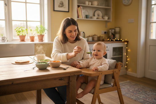 Mutter füttert ihr Baby im Hochstuhl mit Brei – Beikost Baby Start und erste Lebensmittel für Babys