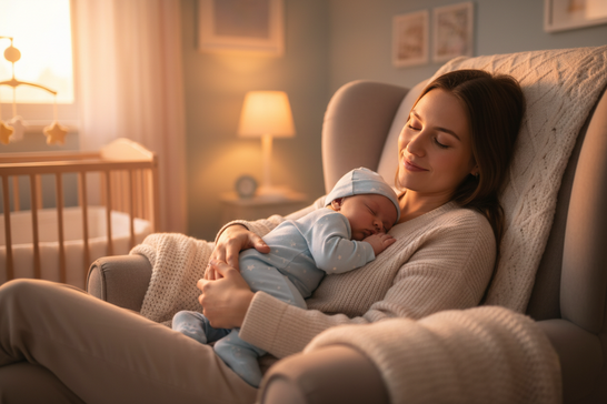 Schlafendes Baby im Arm der Mutter im Babyzimmer – ruhiger Babyschlaf