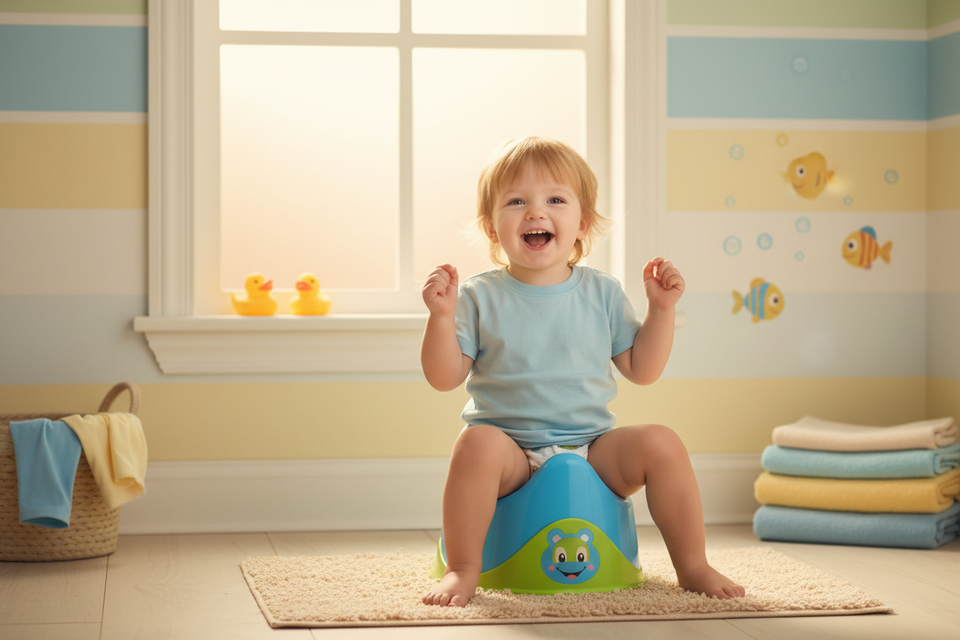 Fröhliches Kleinkind sitzt auf dem Töpfchen im Badezimmer – spielerischer Start ins Toilettentraining und Trockenwerden | BabyLions®