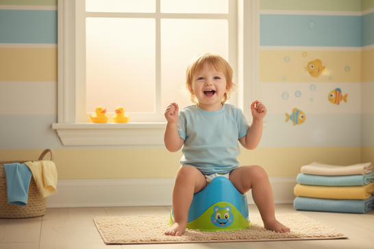 Fröhliches Kleinkind sitzt auf dem Töpfchen im Badezimmer – spielerischer Start ins Toilettentraining und Trockenwerden | BabyLions®