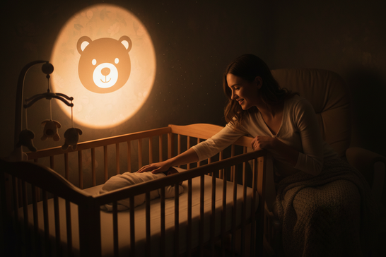 Mutter beruhigt ihr Baby nachts im Babybett bei warmem Nachtlicht im Kinderzimmer