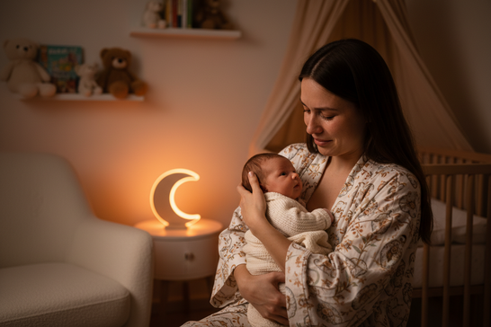 Mutter hält ihr Baby liebevoll im Arm im Kinderzimmer – Wachstumsschub beim Baby und typische Entwicklungsphase