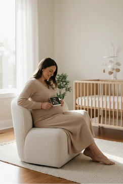 Schwangere Frau sitzt im hellen Babyzimmer und hält liebevoll ein Ultraschallbild vor ihren Babybauch