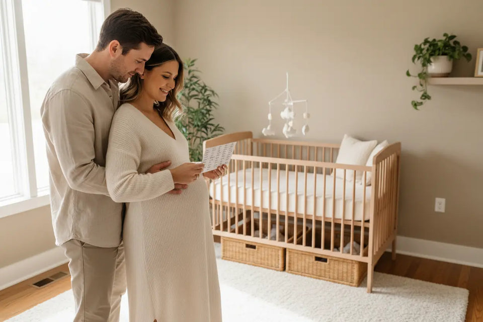 Werdende Eltern im Babyzimmer bei der Suche nach einem Babynamen – Babynamen-Finder von BabyLions®