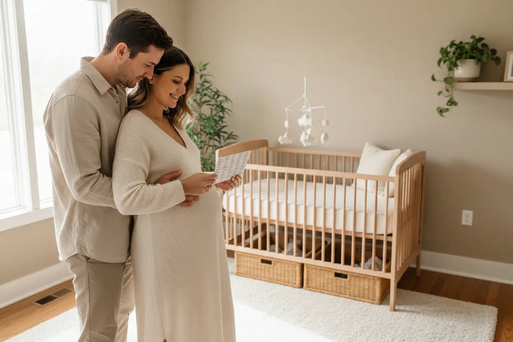 Werdende Eltern im Babyzimmer bei der Suche nach einem Babynamen – Babynamen-Finder von BabyLions®