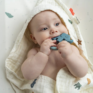 Baby liegt entspannt auf dem Rücken und kaut auf einem blauen Beißring in Form eines Tieres aus der Babylions Kollektion.