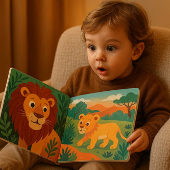 Kleinkind sitzt entspannt auf einem beigen Kindersessel und blickt erstaunt in ein geöffnetes Bilderbuch mit bunten Illustrationen von zwei Löwen – gemütliche Vorlesesituation, erhältlich bei BabyLions.