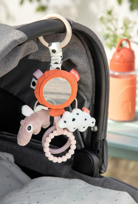 Kinderwagen Spielzeug mit Spiegel und Greifringen – Baby Activity Spielzeug für unterwegs und Babyschale