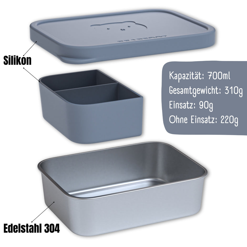 Brotbox Kinder Edelstahl 700 ml mit Silikondeckel – Bär Blau