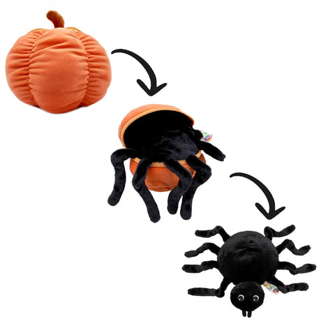 2-in-1 Halloween Kuscheltier verwandelt sich von orangefarbenem Kürbis zu schwarzer Spinne