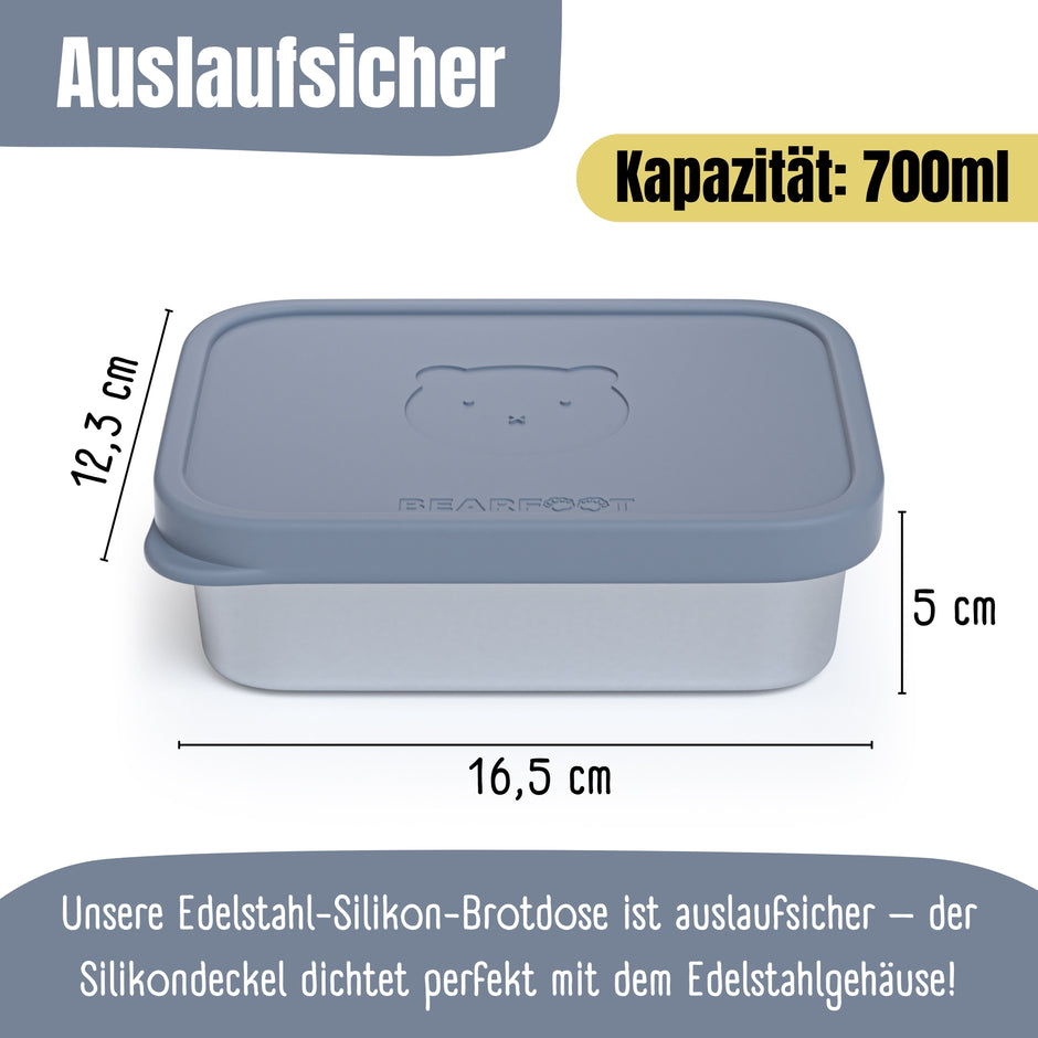 Brotbox Kinder Edelstahl 700 ml mit Silikondeckel – Bär Blau