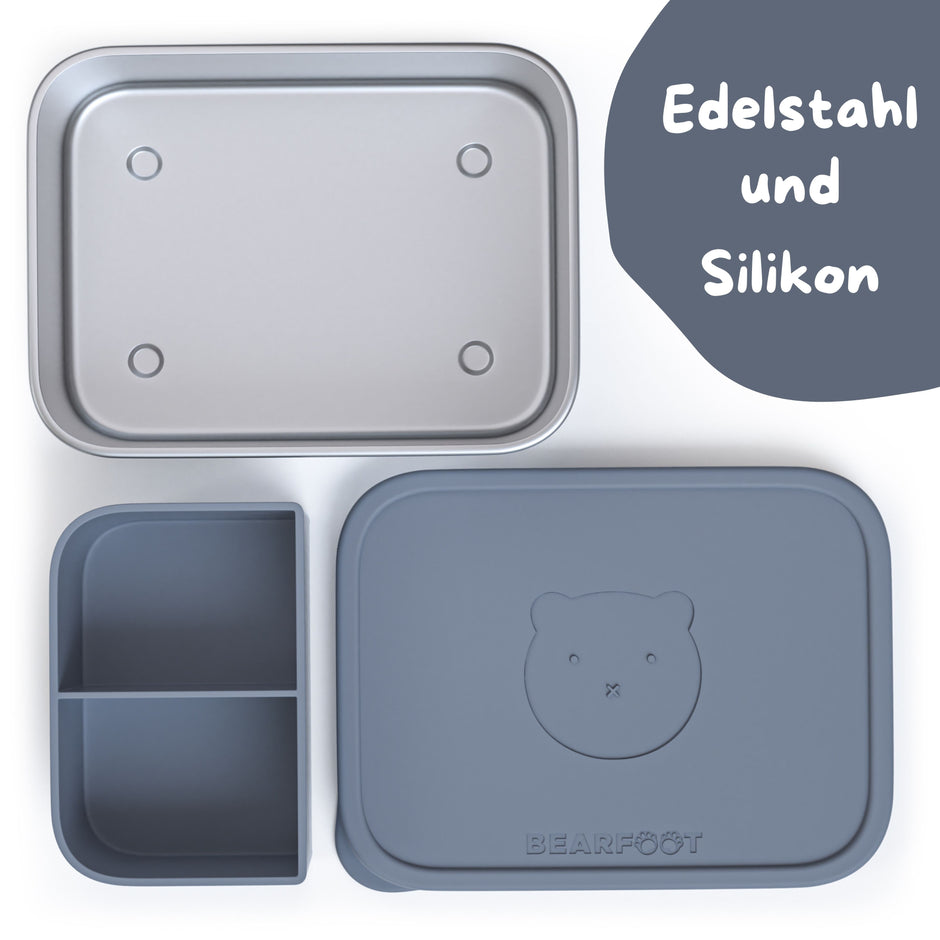 Brotbox Kinder Edelstahl 700 ml mit Silikondeckel – Bär Blau
