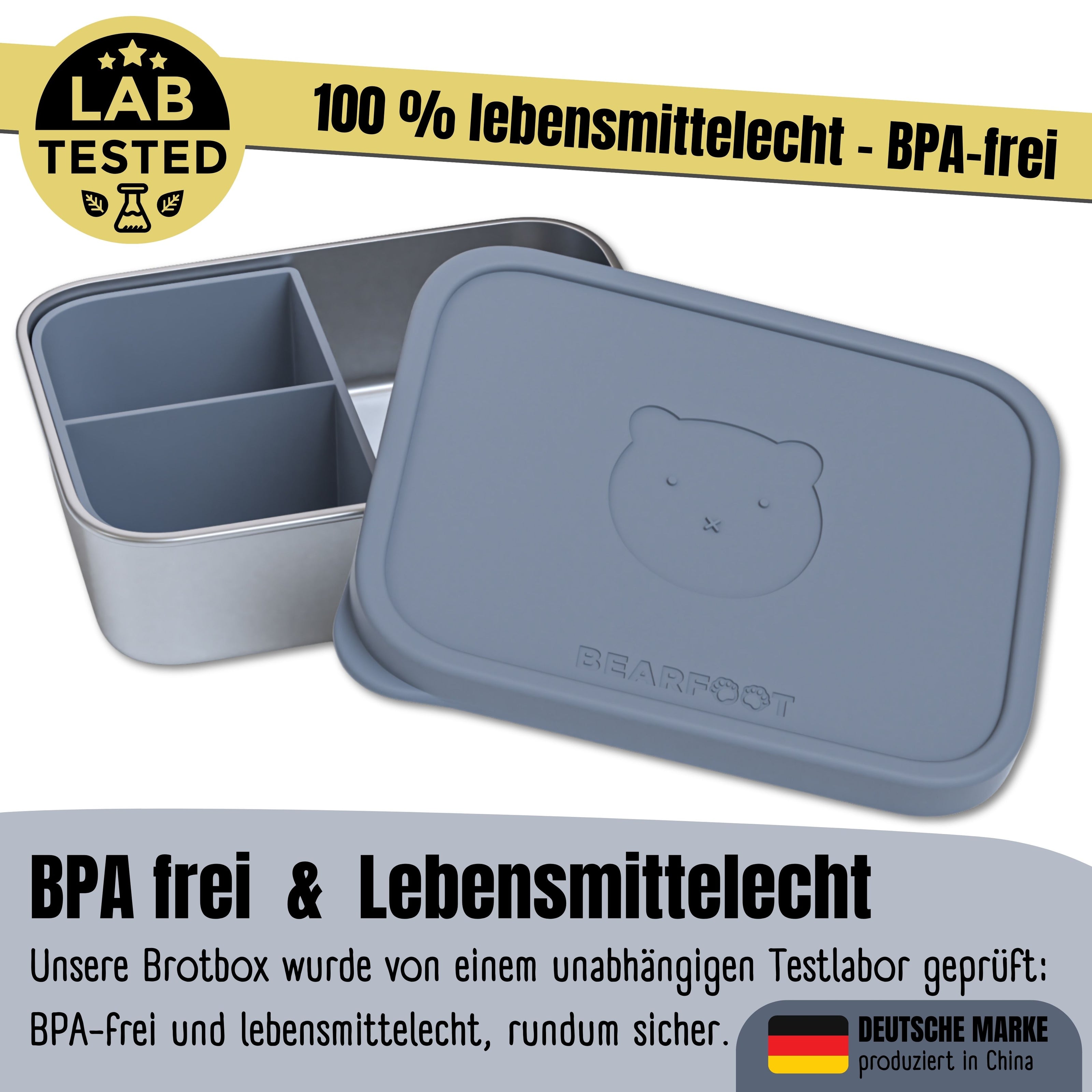 Brotbox Kinder Edelstahl 700 ml mit Silikondeckel – Bär Blau