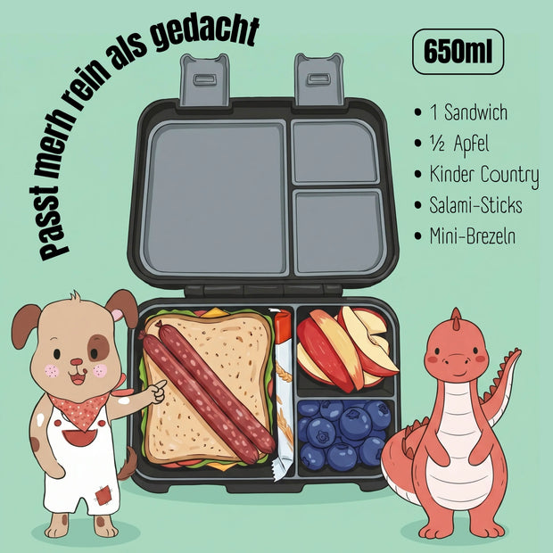 Schwarze Kinder Brotdose mit 3 Fächern und 650 ml Fassungsvermögen, gefüllt mit Sandwich, Apfel und Blaubeeren, BPA-freie Bento Lunchbox für Kindergarten und Schule