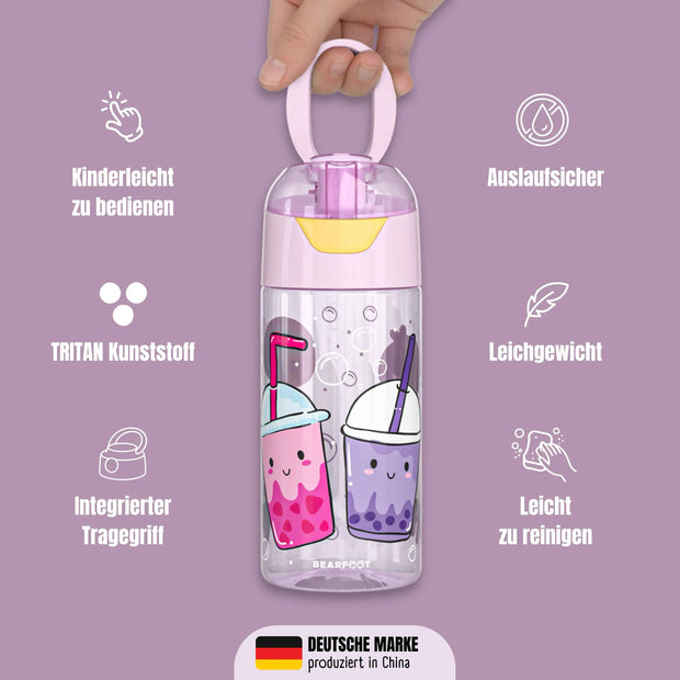 Kinder Trinkflasche BubbleTea 450 ml aus Tritan mit integriertem Tragegriff, auslaufsicherem Deckel, BPA-frei, leicht und ideal für Kindergarten, Schule, Sport und unterwegs.