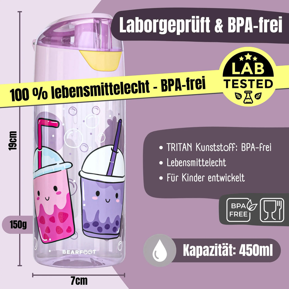 Kinder Trinkflasche BubbleTea 450 ml aus Tritan mit BPA-freiem, lebensmittelechtem Material, transparentem Flaschenkörper und lila Deckel – ideal für Kindergarten, Schule und unterwegs.