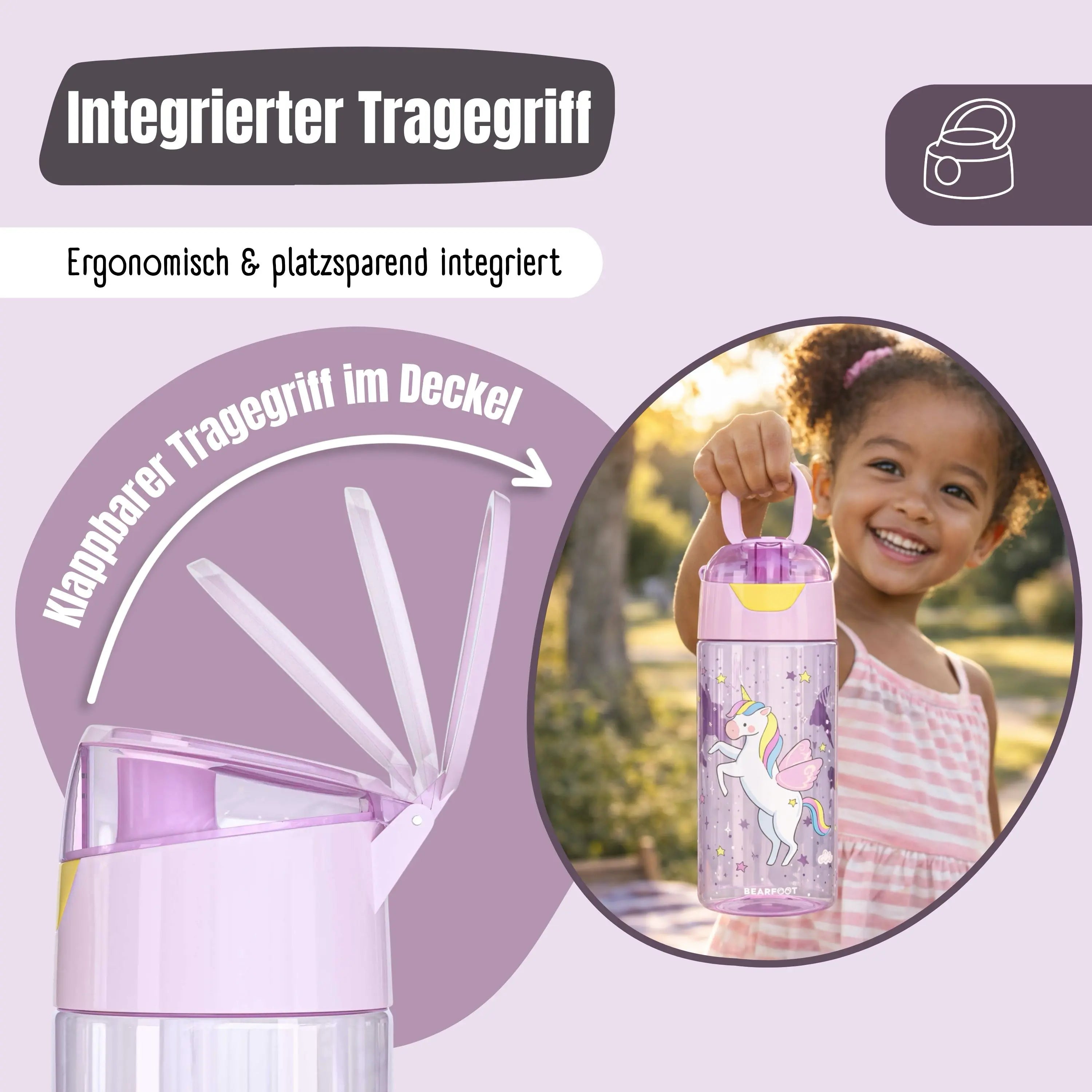 Kinder Trinkflasche BubbleTea 450 ml mit integriertem Tragegriff im Deckel, ergonomischem Design und auslaufsicherem Verschluss – ideal für Kindergarten, Schule, Ausflüge und unterwegs.
