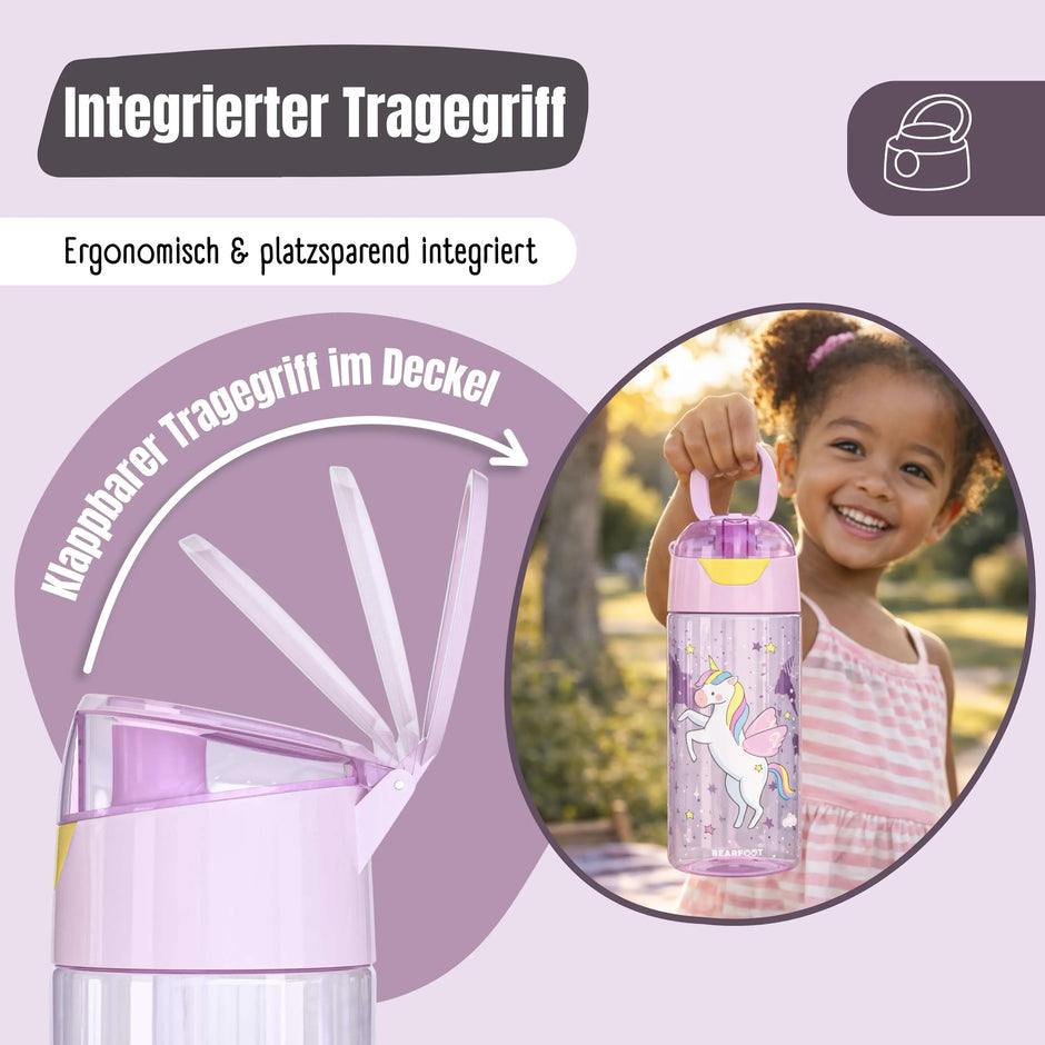 Kinder Trinkflasche BubbleTea 450 ml mit integriertem Tragegriff im Deckel, ergonomischem Design und auslaufsicherem Verschluss – ideal für Kindergarten, Schule, Ausflüge und unterwegs.
