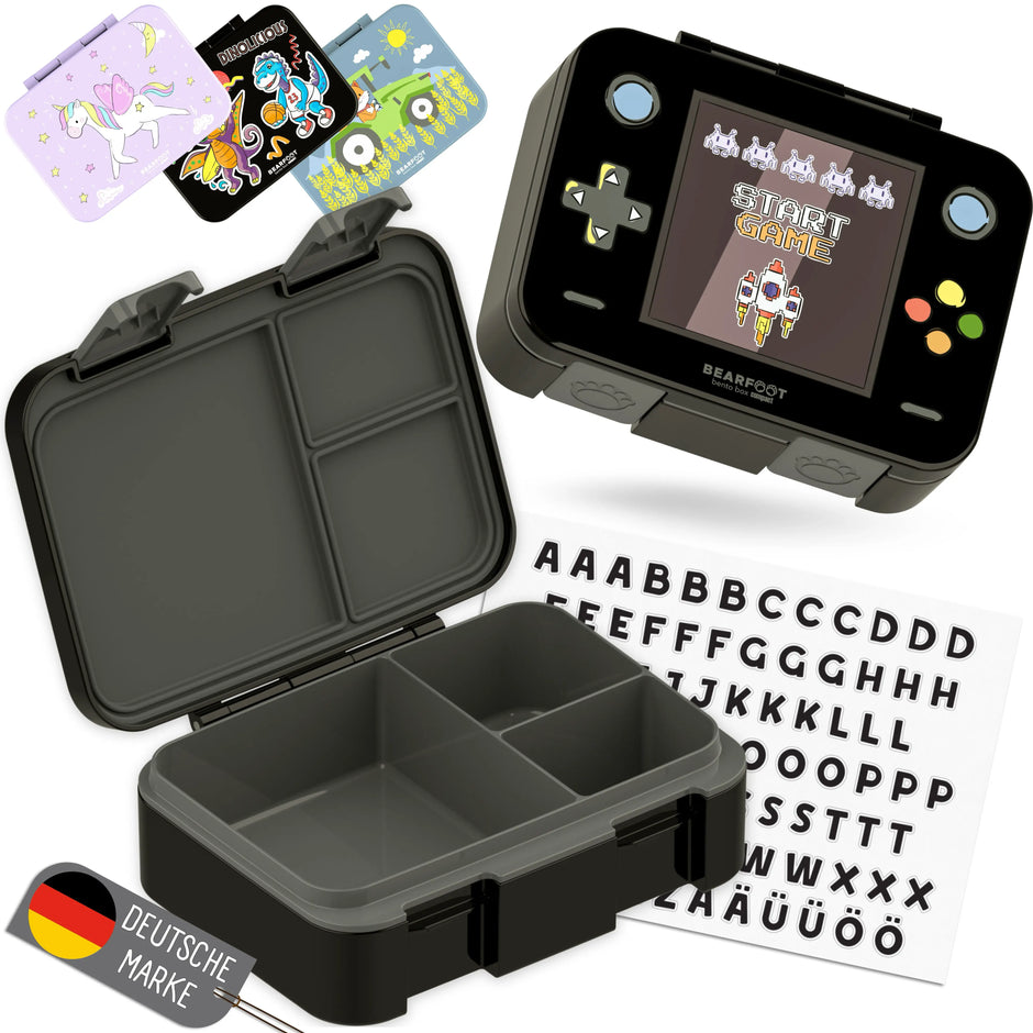 Schwarze Kinder Brotdose im Retro Game-Design mit 3 Fächern, austauschbaren Deckelmotiven und Buchstaben-Stickern, BPA-freie Bento Lunchbox für Kindergarten und Schule