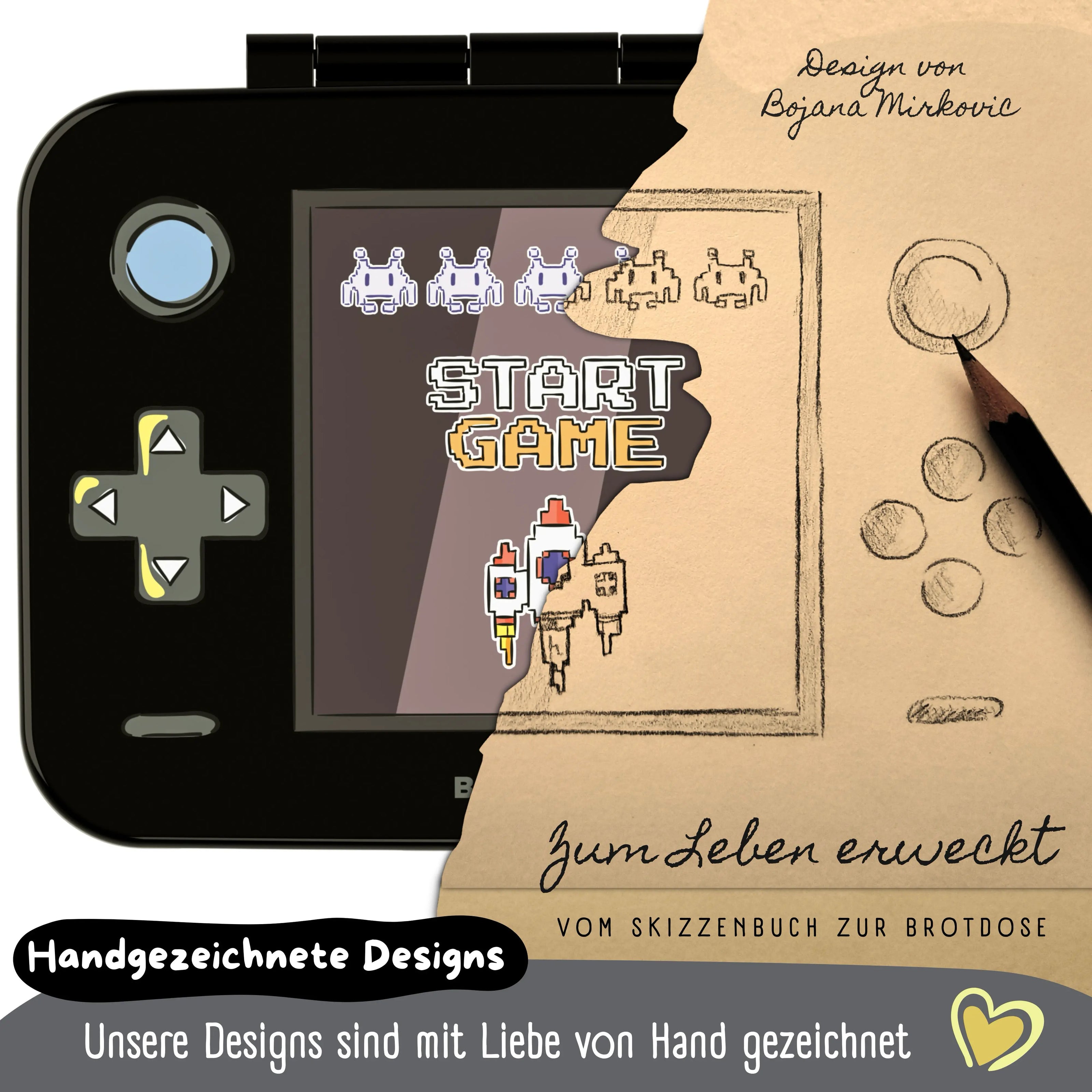 Schwarze Kinder Brotdose im Retro Game-Design mit handgezeichnetem Motiv, BPA-freie Bento Lunchbox für Kindergarten, Schule und unterwegs
