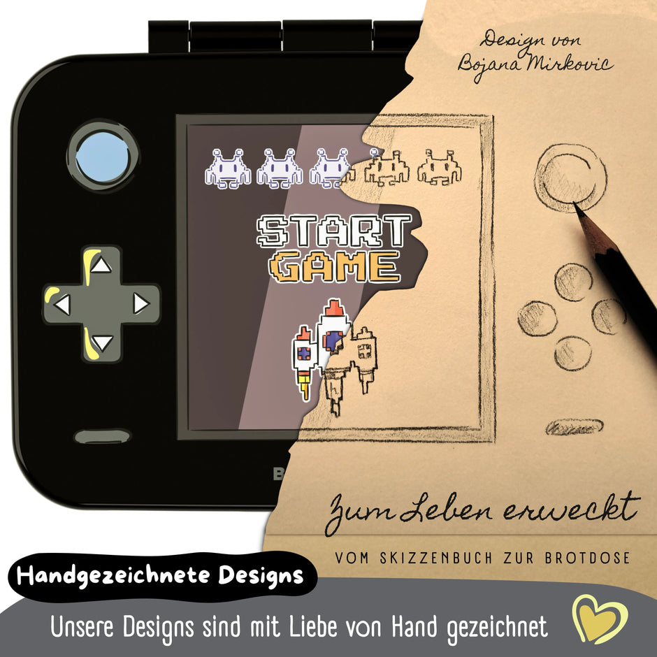 Schwarze Kinder Brotdose im Retro Game-Design mit handgezeichnetem Motiv, BPA-freie Bento Lunchbox für Kindergarten, Schule und unterwegs