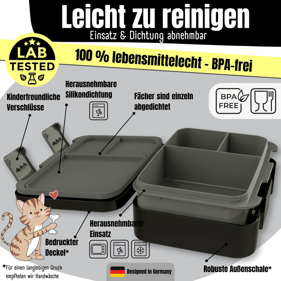 Schwarze Kinder Brotdose mit herausnehmbarem Einsatz, Silikondichtung und 3 auslaufsicheren Fächern, BPA-freie Bento Lunchbox für Kindergarten und Schule