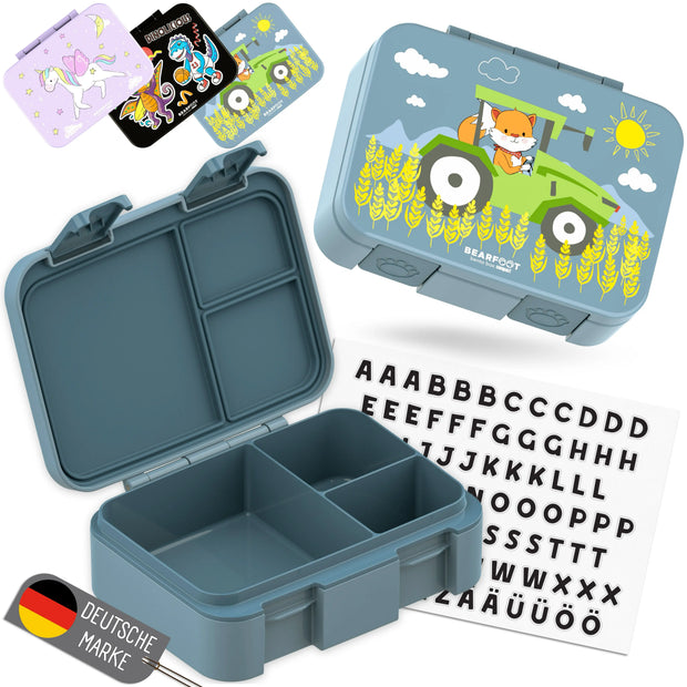 BEARFOOT Brotdose Traktor Blau 650 ml mit 3 Fächern, Buchstabenstickern und auslaufsicherem Verschluss – BPA-freie Bento Brotdose für Kindergarten und Schule