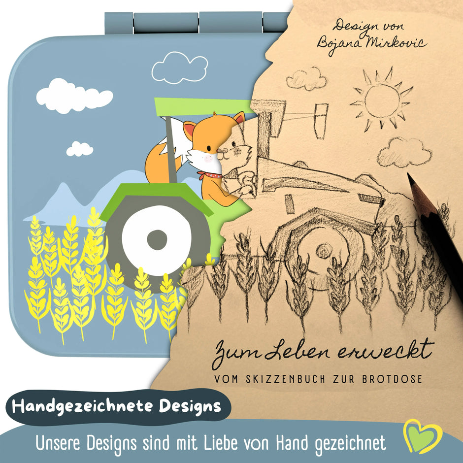BEARFOOT Brotdose Traktor Blau mit handgezeichnetem Design – BPA-freie Bento Brotdose für Kindergarten und Schule mit liebevoller Illustration