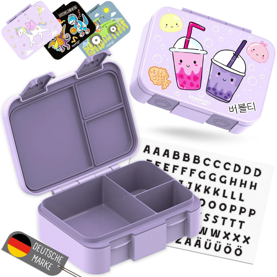 Lila Kinder Brotdose mit Bubble Tea Motiv, 3 Fächern, austauschbaren Deckelmotiven und Buchstaben-Stickern, BPA-freie Bento Lunchbox für Kindergarten und Schule