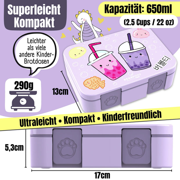 Lila Kinder Brotdose mit Bubble Tea Motiv, 650 ml Fassungsvermögen, BPA-freie Bento Lunchbox mit Maßen und 290 g Gewicht für Kindergarten und Schule