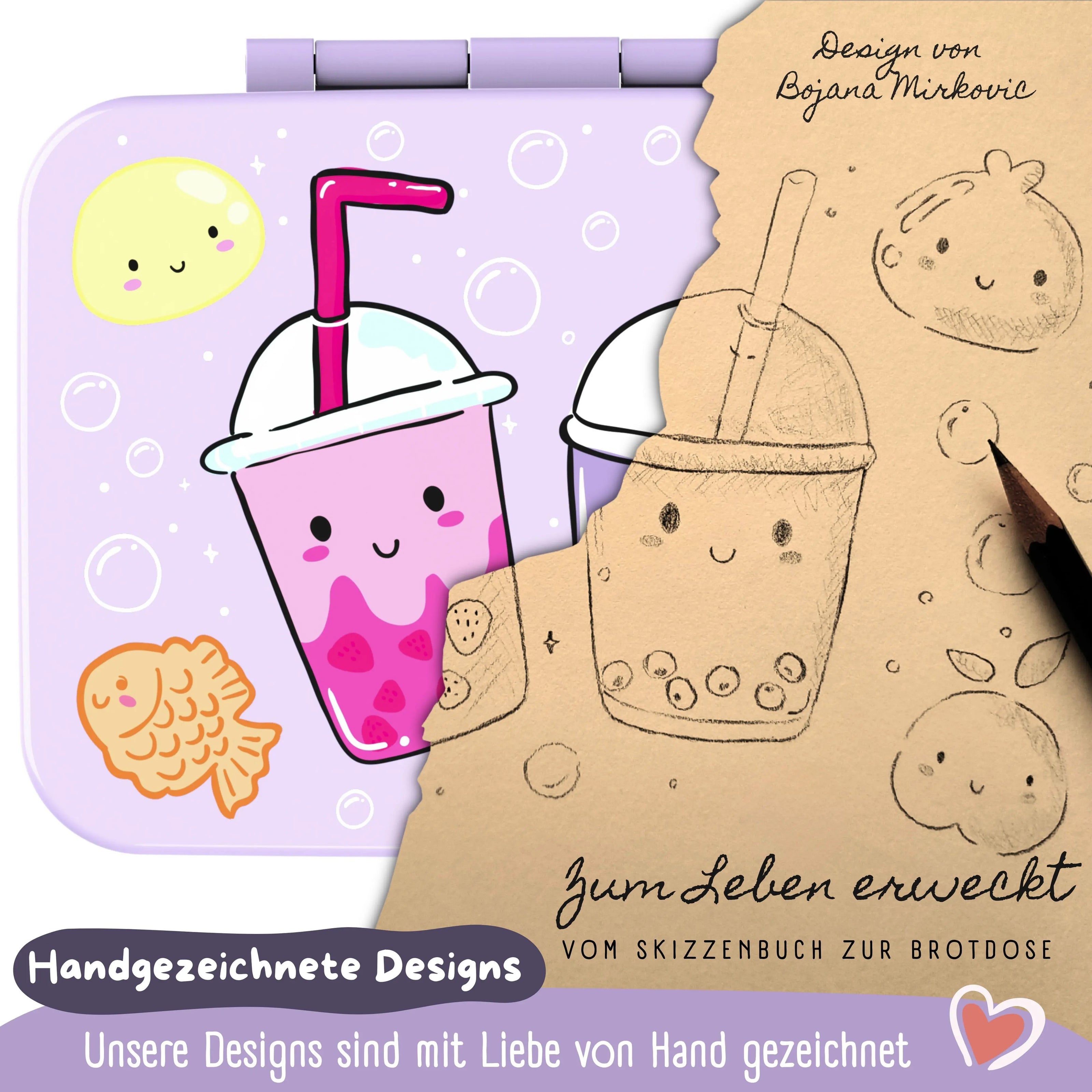 Lila Kinder Brotdose mit Bubble Tea Motiv und handgezeichnetem Design, BPA-freie Bento Lunchbox für Kindergarten, Schule und unterwegs