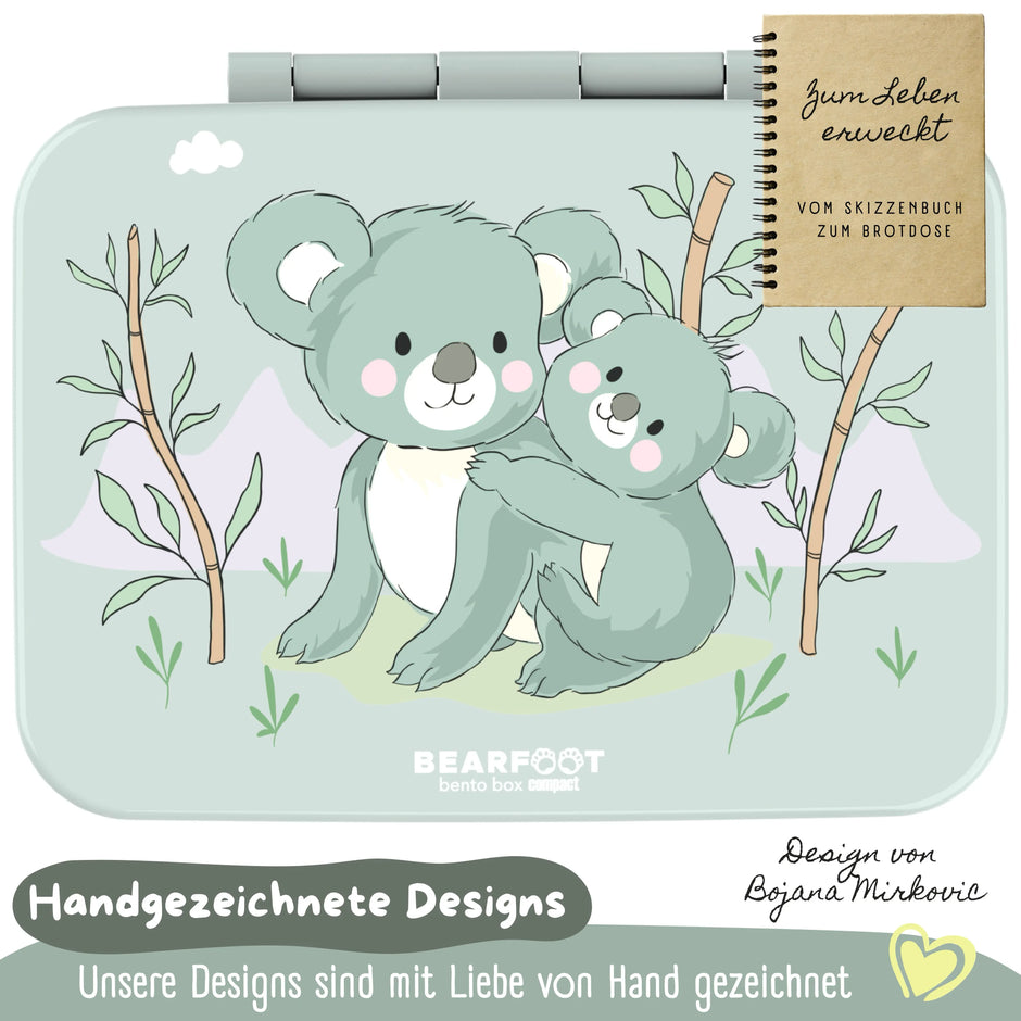 Handgezeichnetes Koala-Design der BEARFOOT Bento Brotdose Koala Salbei – liebevoll illustrierte BPA-freie Kinder Lunchbox für Kindergarten und Schule