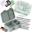 BEARFOOT Bento Brotdose Koala Salbei mit 3 Fächern, auslaufsicherer Silikondichtung und 84 Buchstabenstickern zur Personalisierung für Kindergarten und Schule