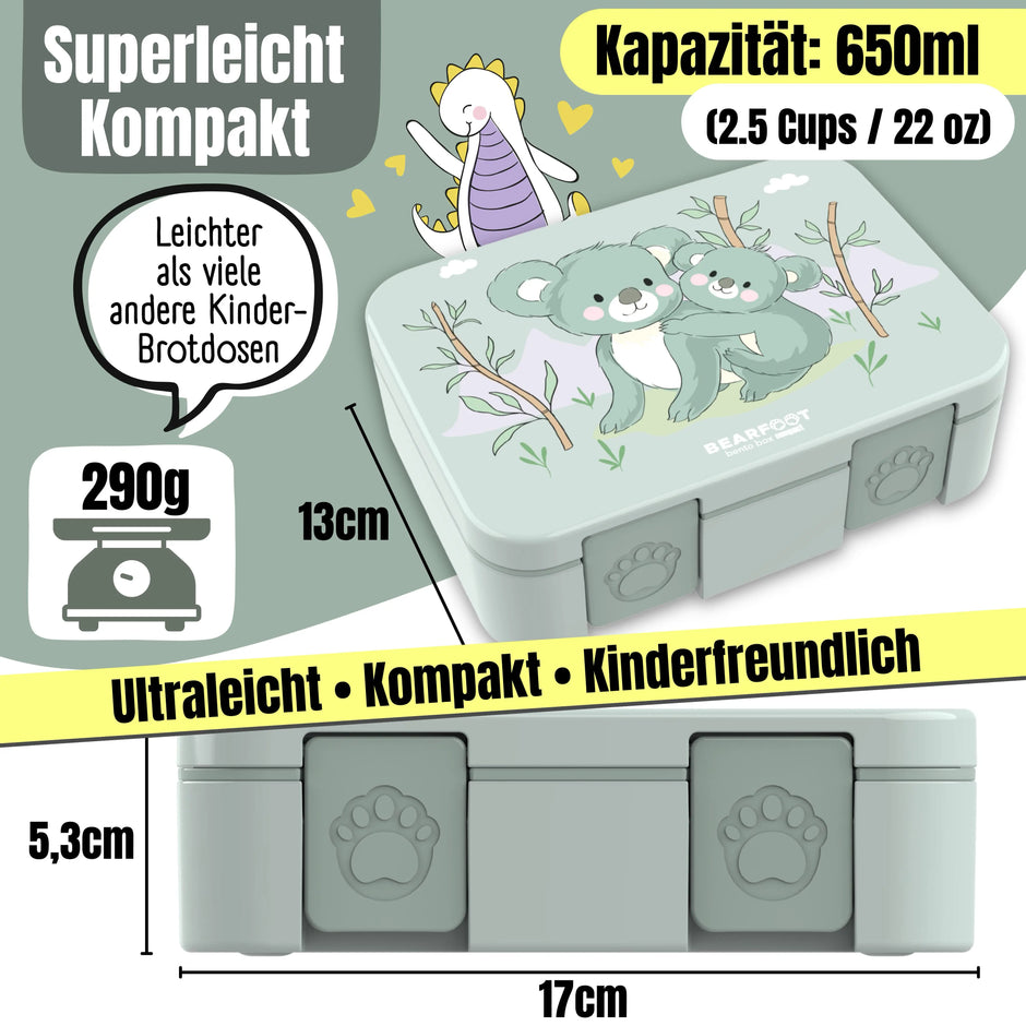Maße und Gewicht der BEARFOOT Bento Brotdose Koala Salbei 650 ml – ultraleichte BPA-freie Kinder Lunchbox mit 17 × 13 × 5,3 cm und 290 g