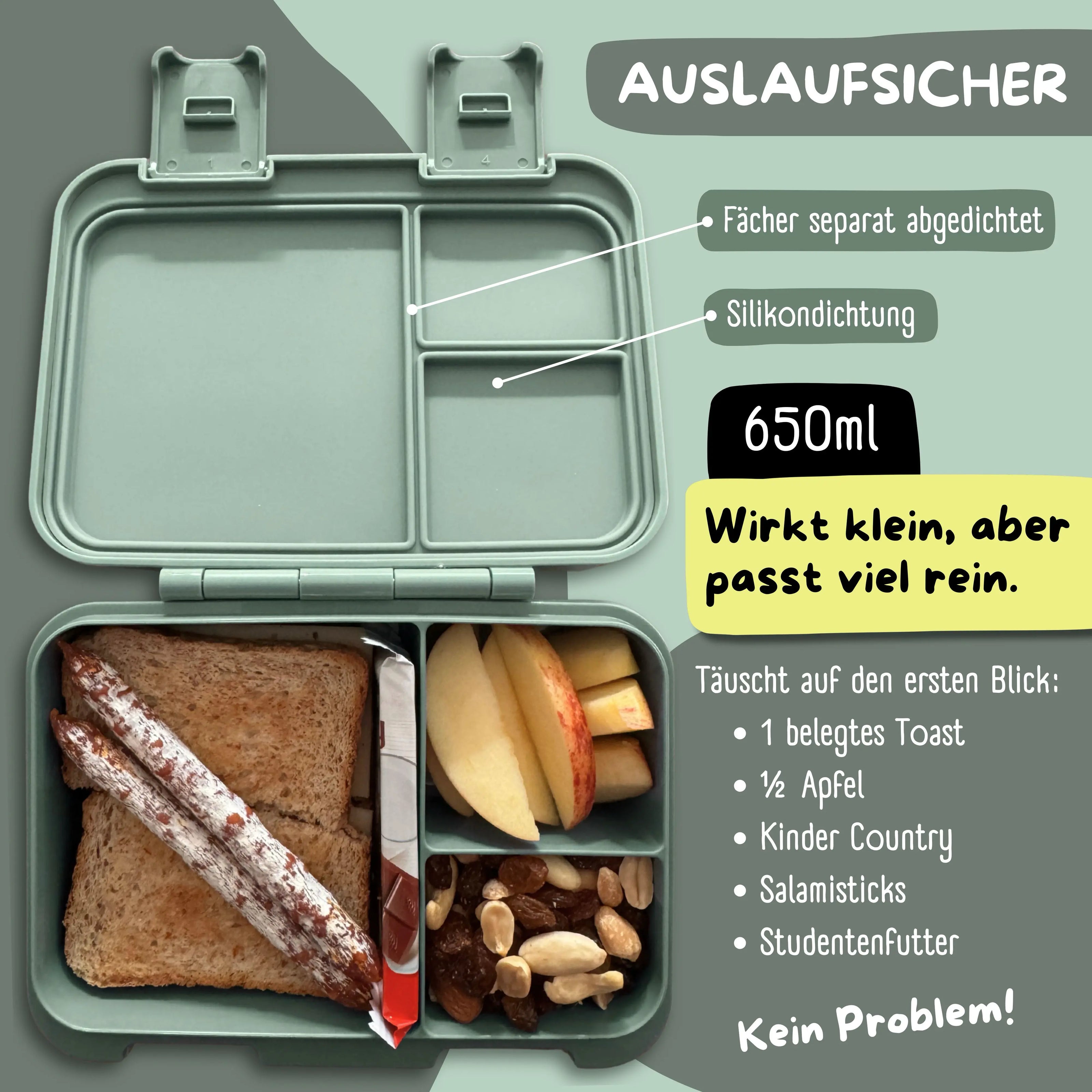 Auslaufsichere BEARFOOT Bento Brotdose Reh Salbei mit 3 separat abgedichteten Fächern, Silikondichtung und 650 ml Fassungsvermögen – BPA-freie Kinder Lunchbox für Kindergarten und Schule