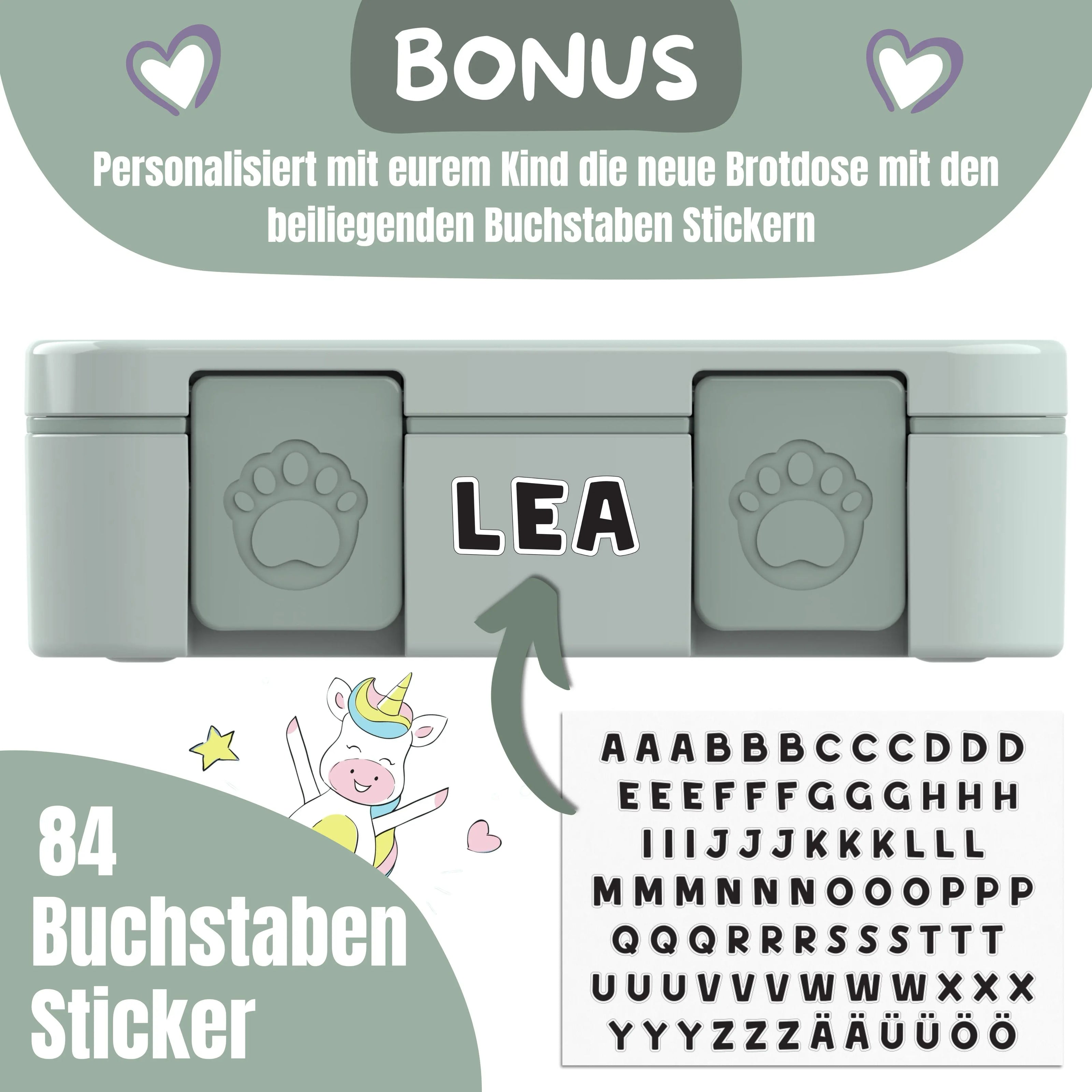 BEARFOOT Bento Brotdose Reh Salbei mit 84 Buchstaben-Stickern zur Personalisierung – wiederverwendbare Kinder Brotdose für Kindergarten und Schule
