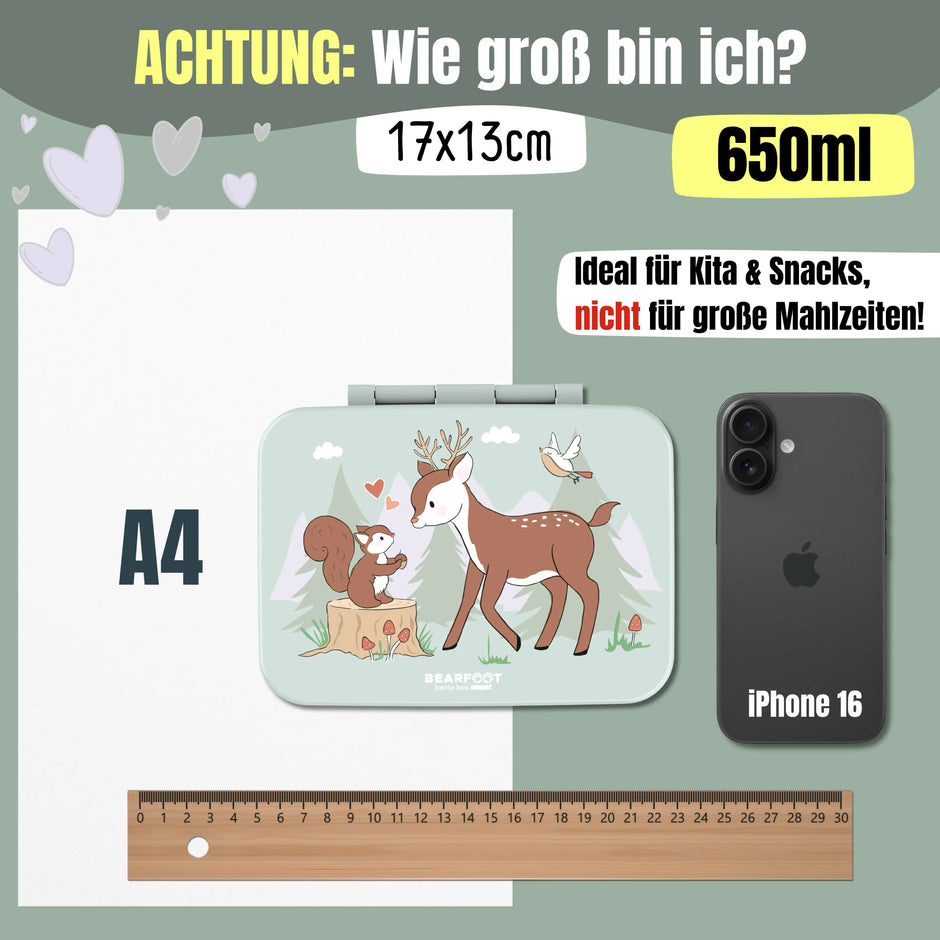 Größenvergleich der BEARFOOT Bento Brotdose Reh Salbei 650 ml mit A4-Blatt, Lineal und iPhone – kompakte Lunchbox für Kindergarten und Schule