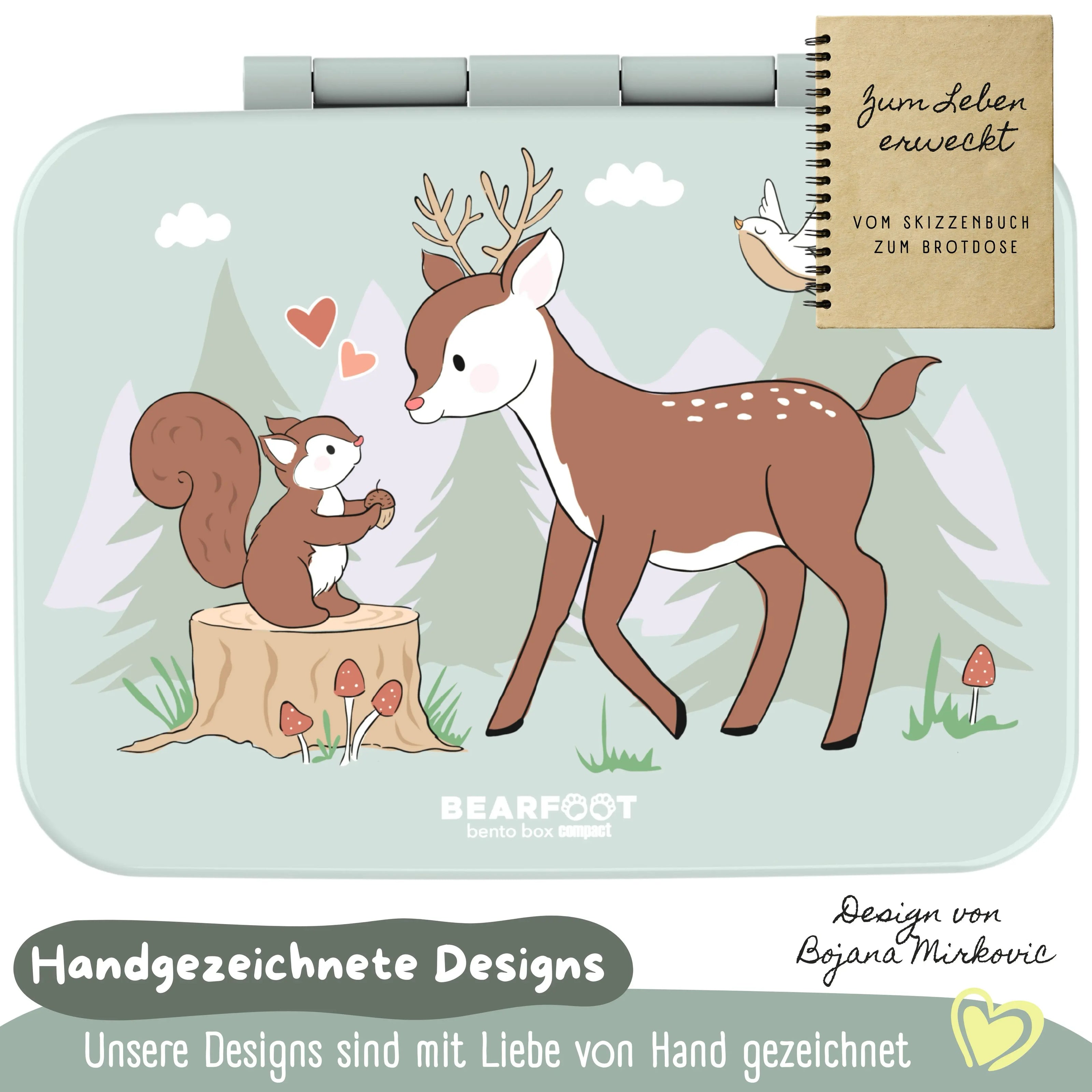 Handgezeichnetes Waldmotiv der BEARFOOT Bento Brotdose Reh Salbei mit liebevollem Reh- und Eichhörnchen-Design für Kinder, Kindergarten und Schule