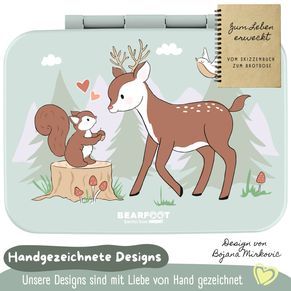 Handgezeichnetes Waldmotiv der BEARFOOT Bento Brotdose Reh Salbei mit liebevollem Reh- und Eichhörnchen-Design für Kinder, Kindergarten und Schule