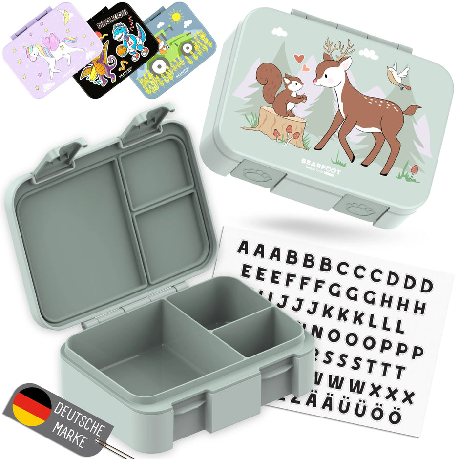 BEARFOOT Bento Brotdose Reh Salbei mit 3 Fächern, auslaufsicherer Silikondichtung und 84 Buchstabenstickern zur Personalisierung für Kindergarten und Schule