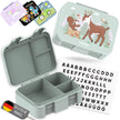 BEARFOOT Bento Brotdose Reh Salbei mit 3 Fächern, auslaufsicherer Silikondichtung und 84 Buchstabenstickern zur Personalisierung für Kindergarten und Schule